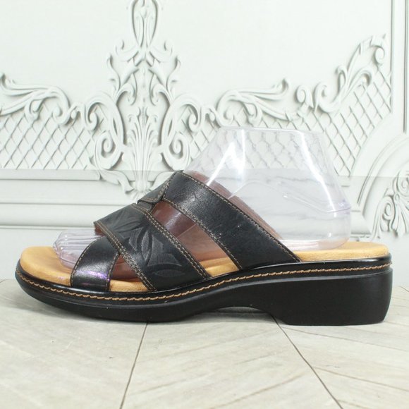 Clarks Shoes - Clarks 72670 Black Leather Embossed Open Toe Wedge Slides Sandals Size 9.5 M